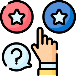 Hand pointing at blue and red circles with stars, and a question mark in a speech bubble.