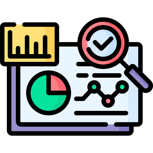 An icon of a magnifying glass , a graph , and a check mark.