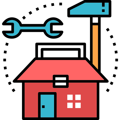 Red toolbox with blue door and windows, hammer, and wrench representing home repair.