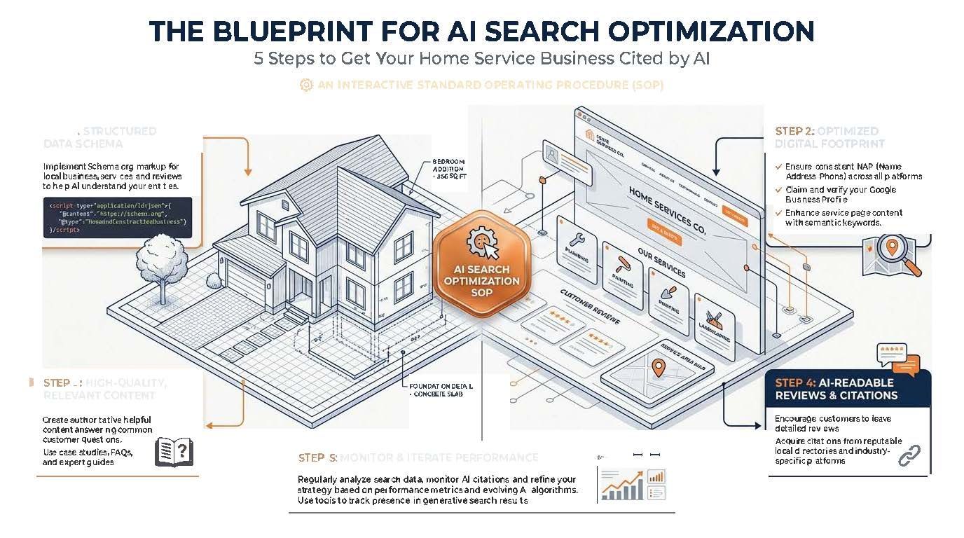An infographic titled "The Blueprint for AI Search Optimization" shows a house and its technical foundation.