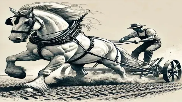 A man is plowing a field with a horse drawn plow.
