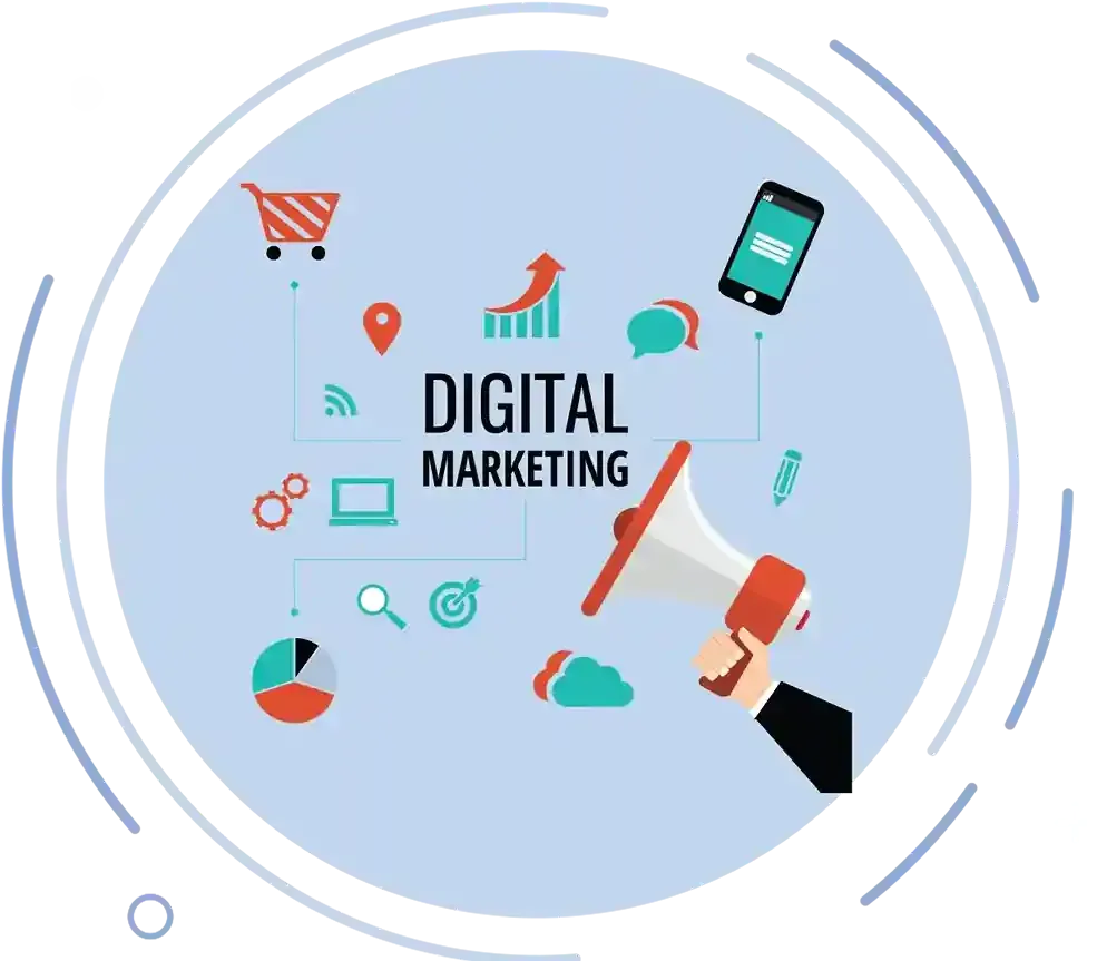 A person is holding a megaphone in front of a sign that says digital marketing.