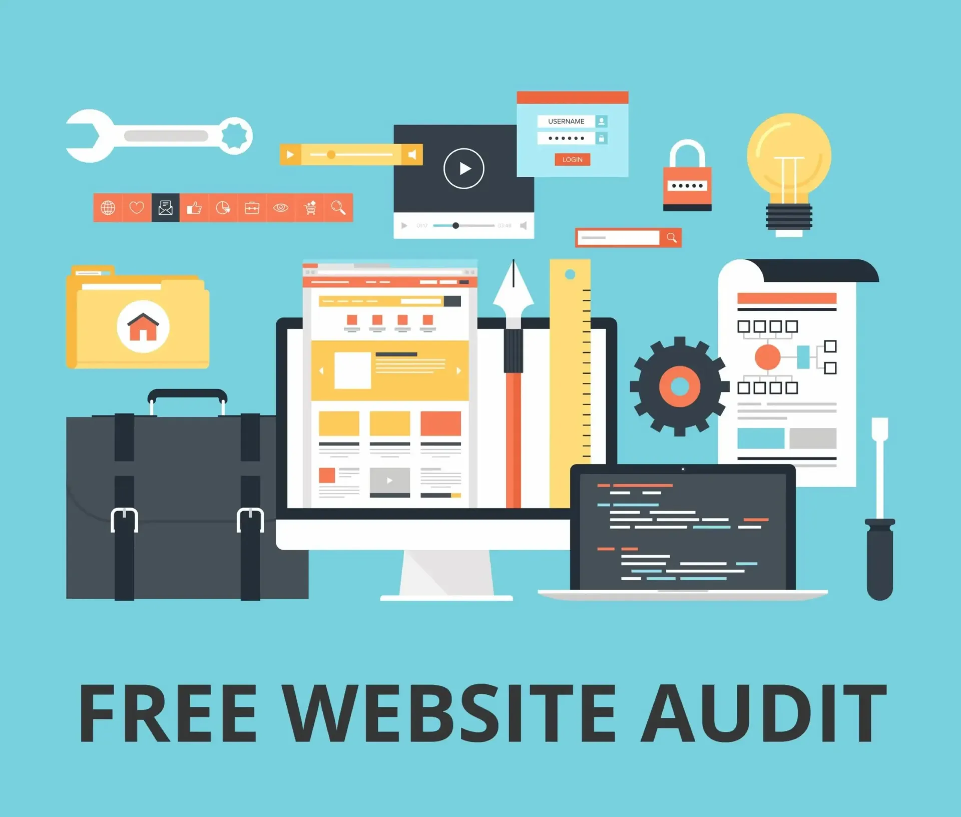An advertisement for a free website audit with a computer , laptop , and other items.