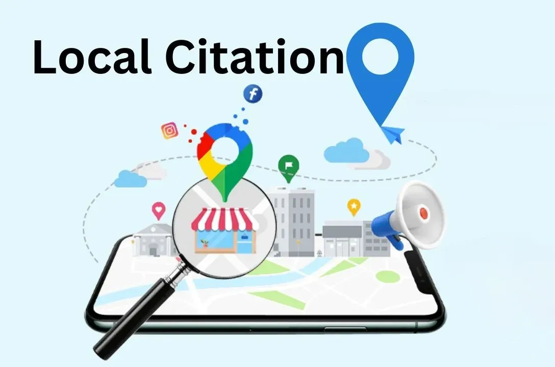 Local citation concept: map with store, magnifying glass, social media icons, and megaphone.