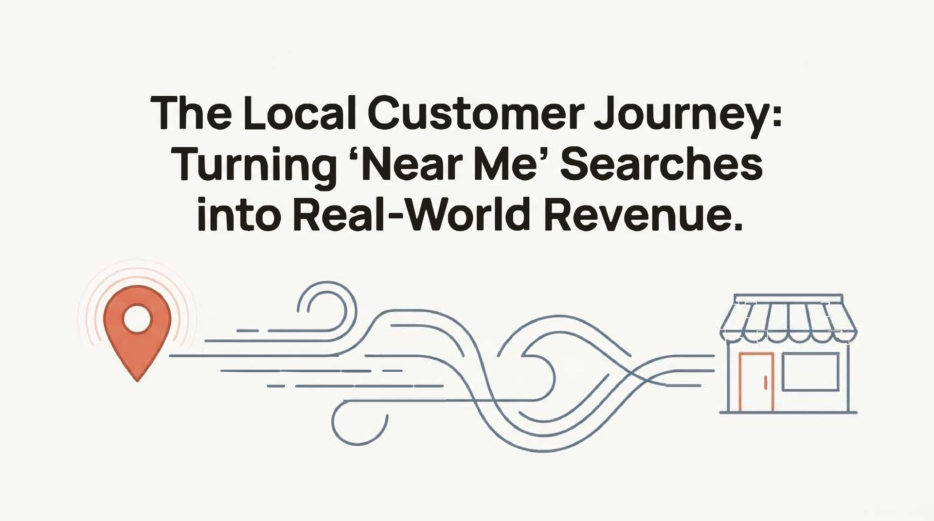 Title card: A location pin turns into a storefront via stylized wind currents. Text: "The Local Customer Journey: Turning 'Near Me' Searches into Real-World Revenue."