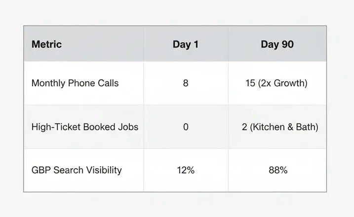 SEO case study table showing growth in monthly phone calls, high-ticket jobs, and GBP search visibility over 90 days.