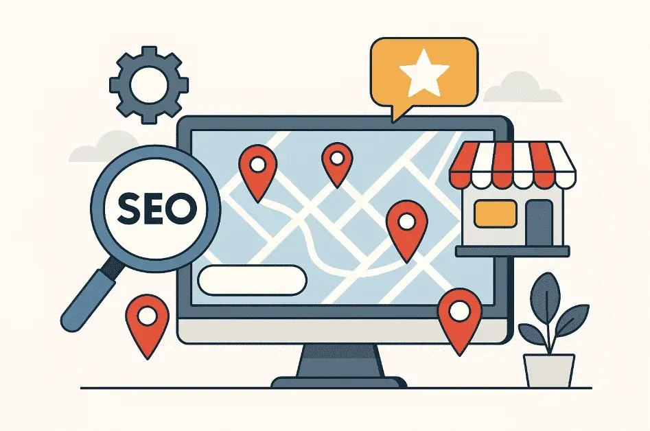 SEO map on a computer with location markers, magnifying glass, star, store icon, and plant.