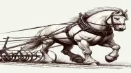 a sketch of a white workhorse pulling a plow in white background
