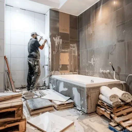 A worker renovates a bathroom, applying something to the wall tiles near a bathtub; construction debris present.