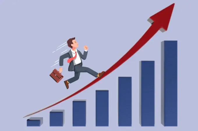 A man is running up a graph with an arrow pointing up.