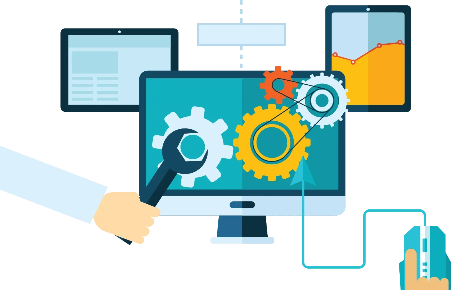 A person is holding a wrench in front of a computer screen.