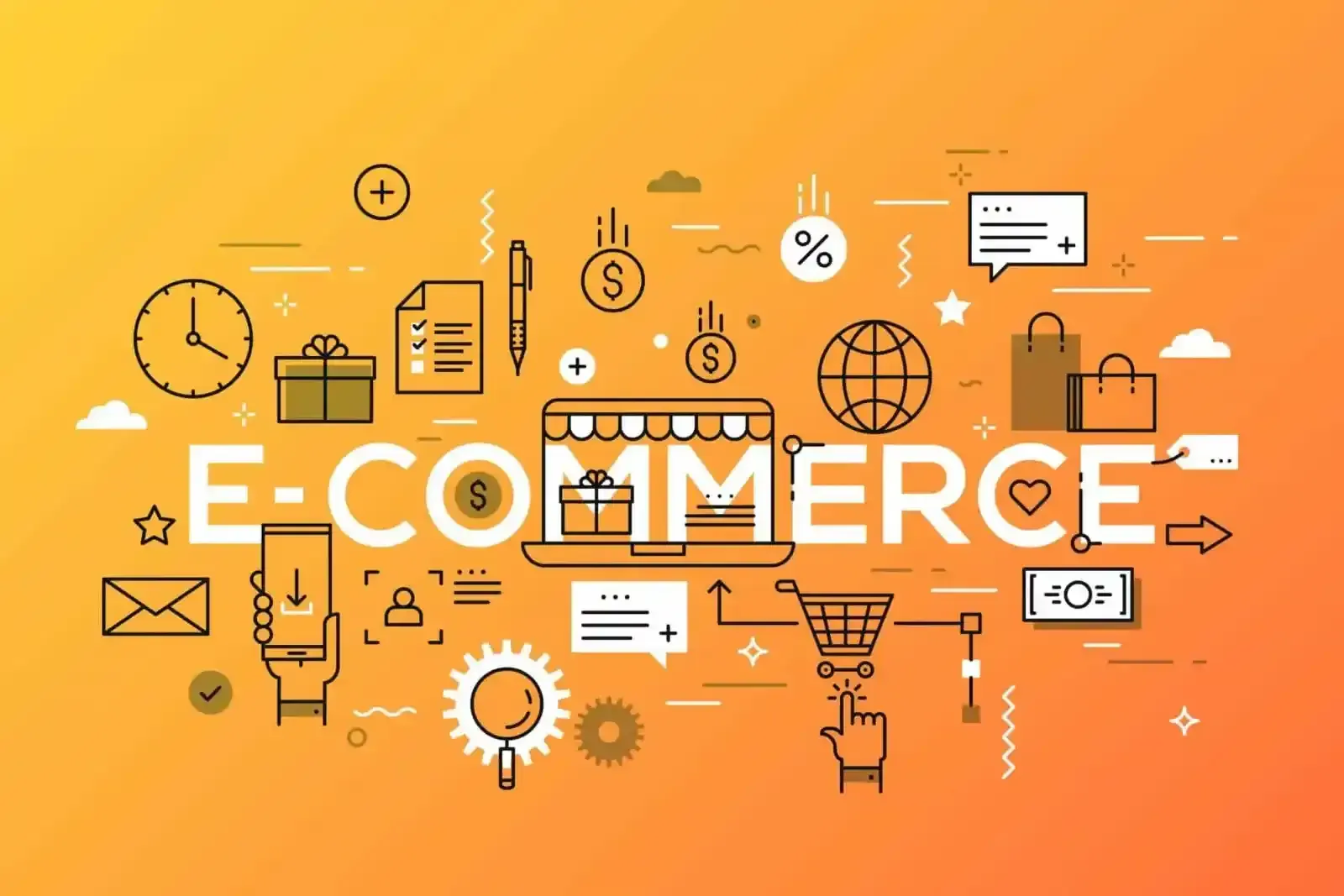 The word e-commerce is surrounded by icons on a yellow and orange background.