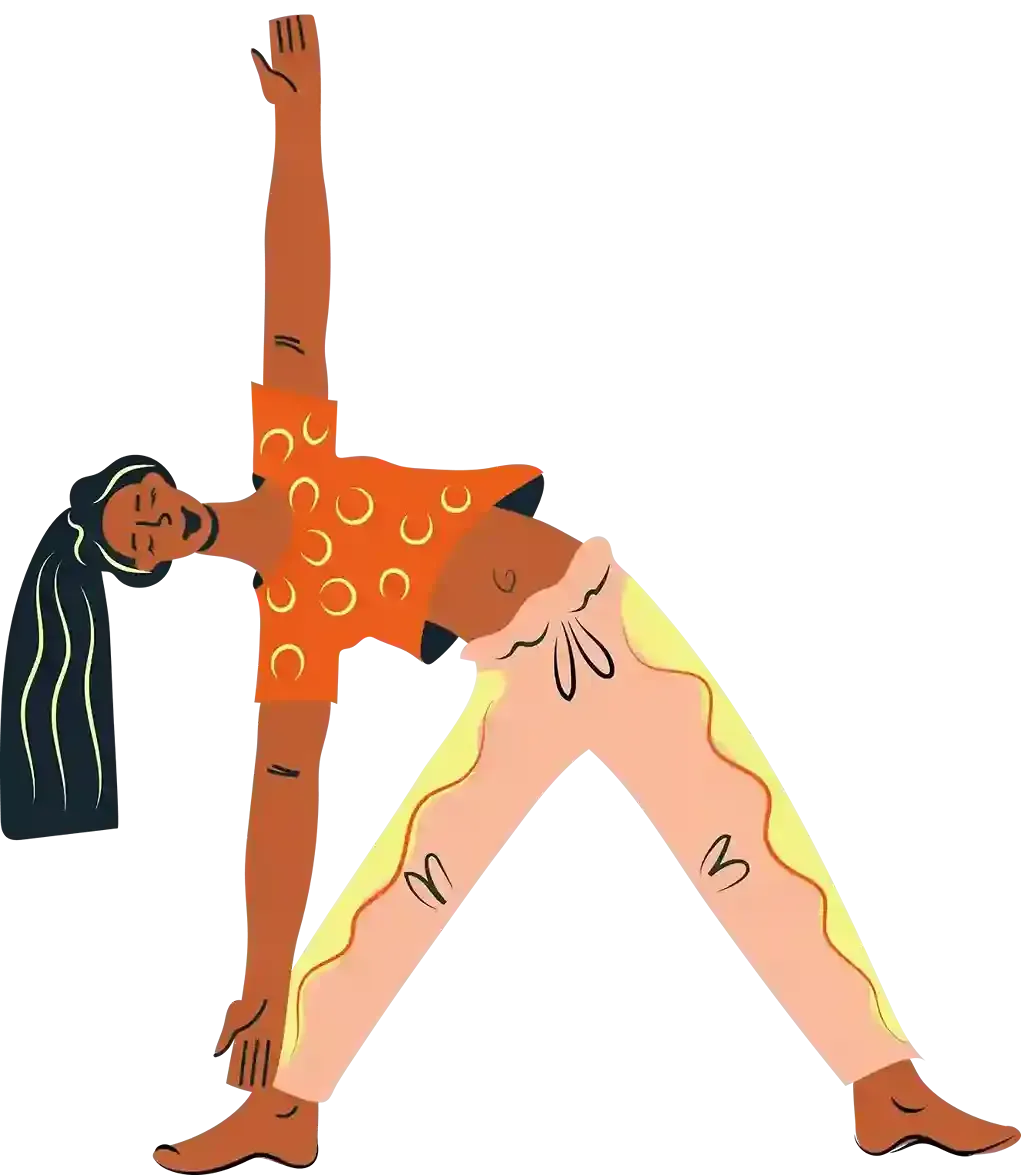 A woman is doing a yoga pose with her arms outstretched.