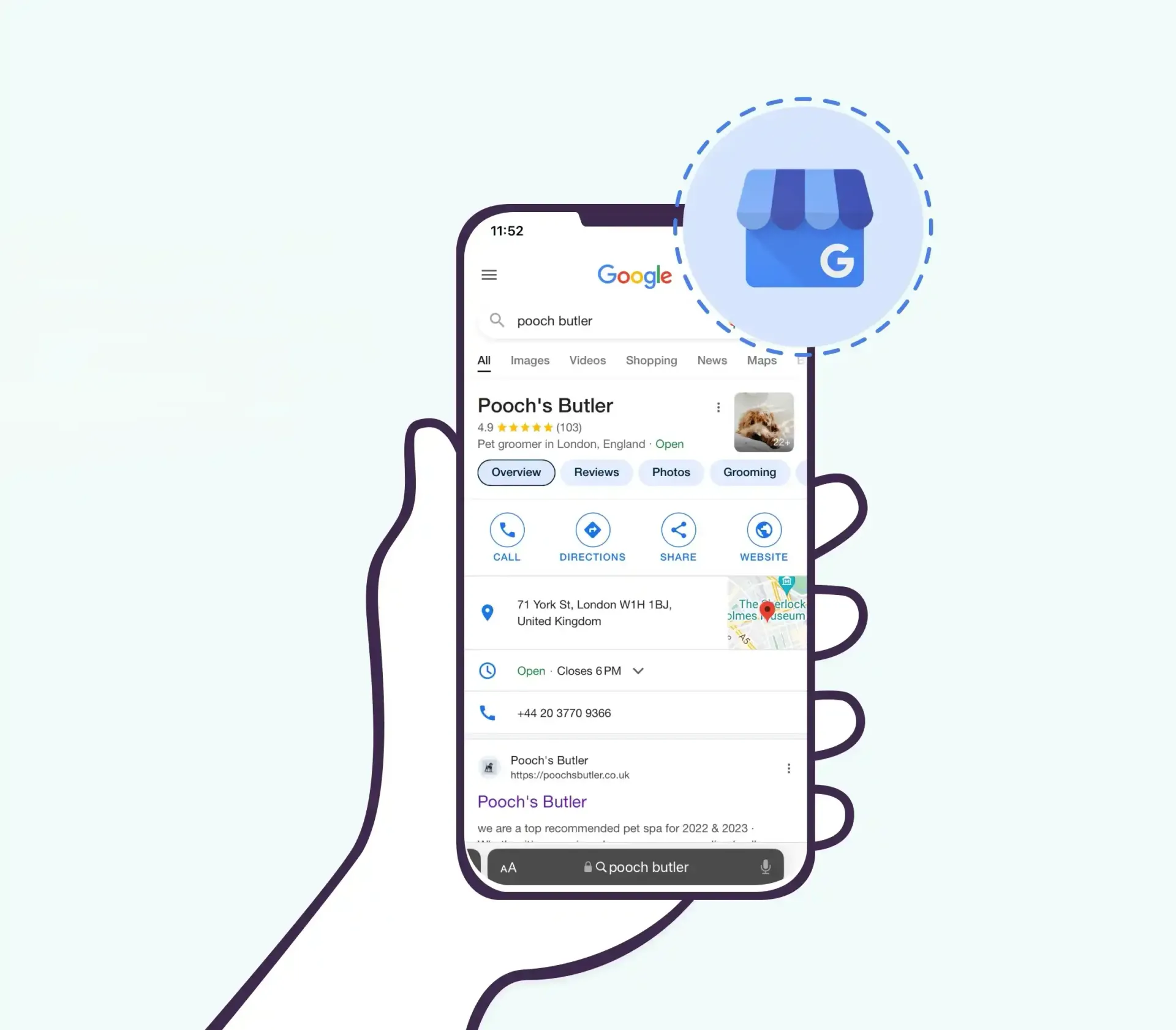 Hand holding a phone displaying a Google My Business listing, with Google My Business icon overhead.