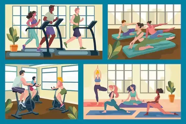 A group of people are doing different exercises in a gym.