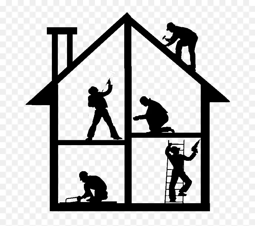 Silhouette of a house under construction with workers inside and on the roof.