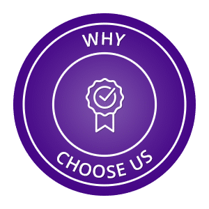 A purple circle with the words why choose us on it