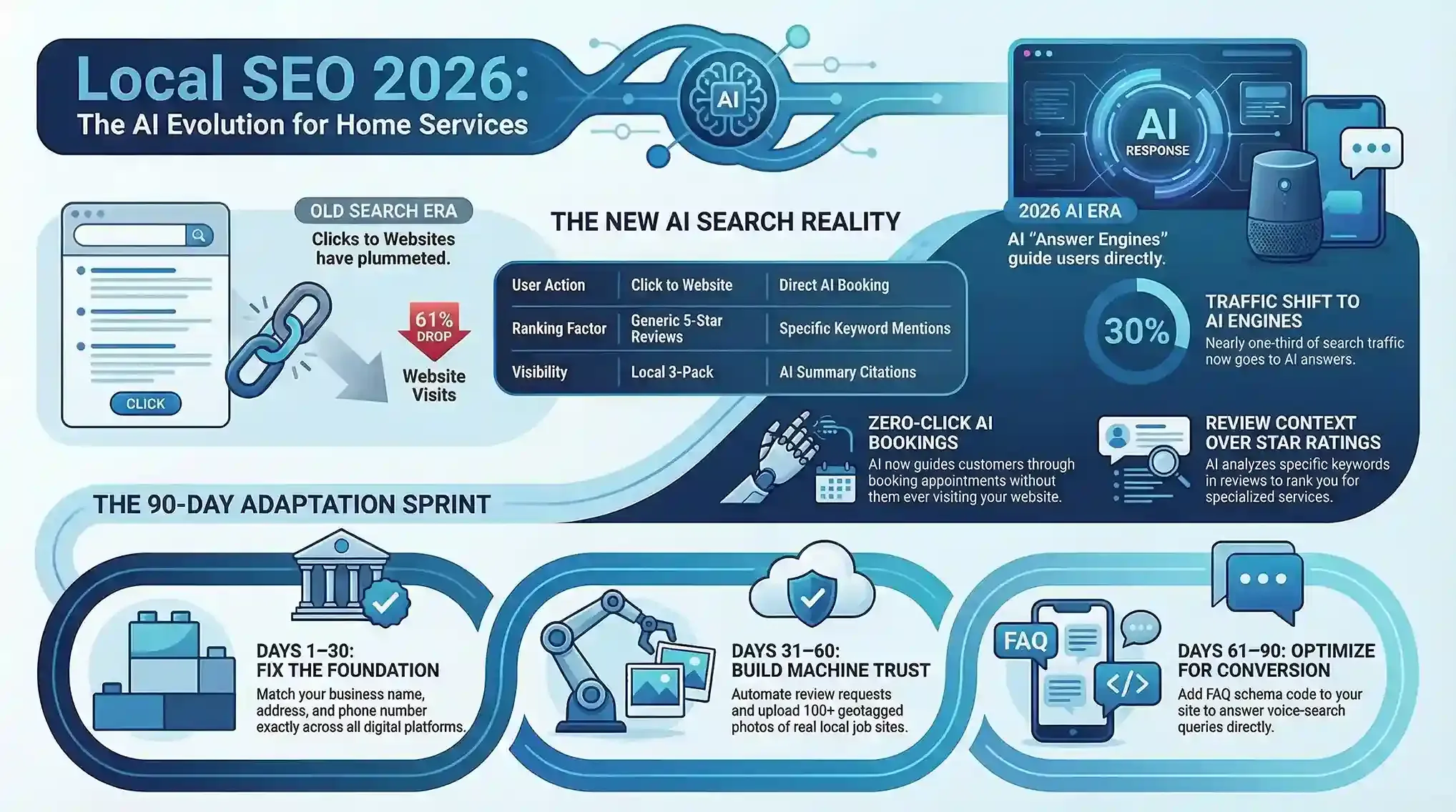 Infographic: Local SEO in 2026. Data visualization with AI, links, and local business trends, using blue and white.