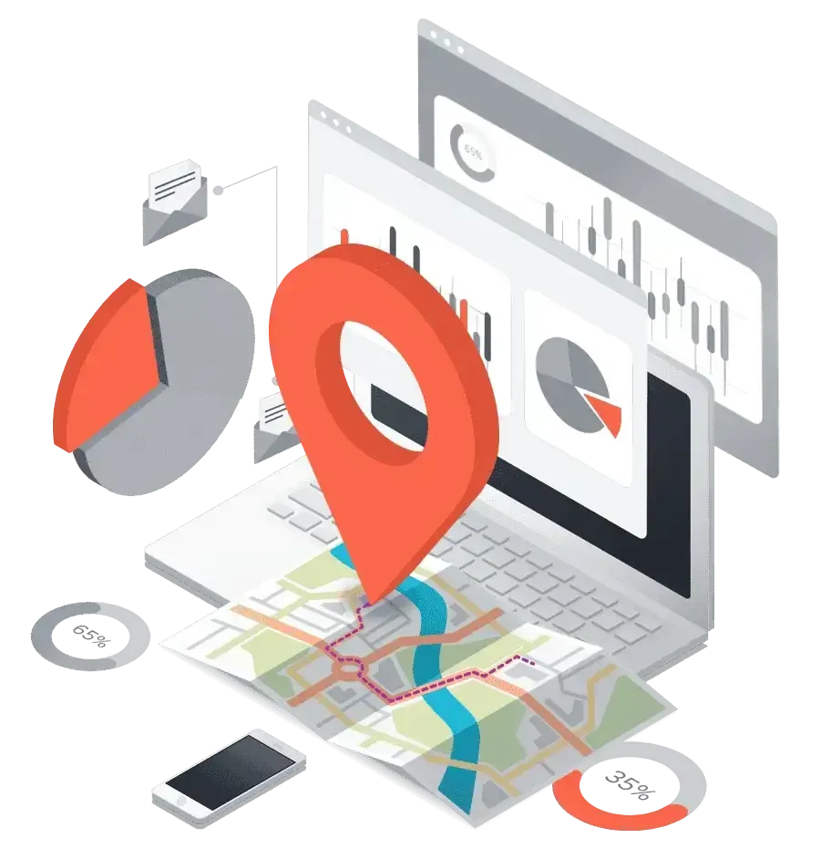Laptop with a map and location marker, analyzing data charts, with pie charts and a smartphone.