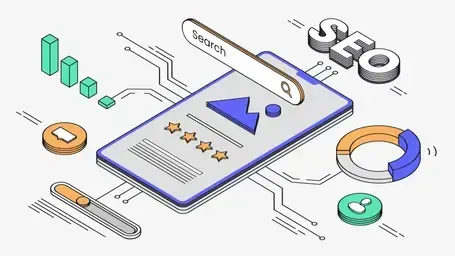 An isometric illustration of a cell phone with a search bar on it.