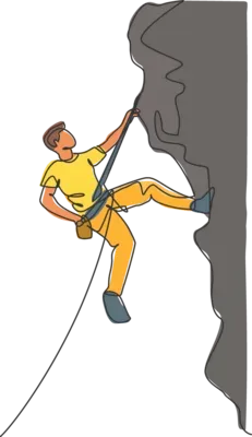 A man in a yellow shirt is climbing up a rock wall.