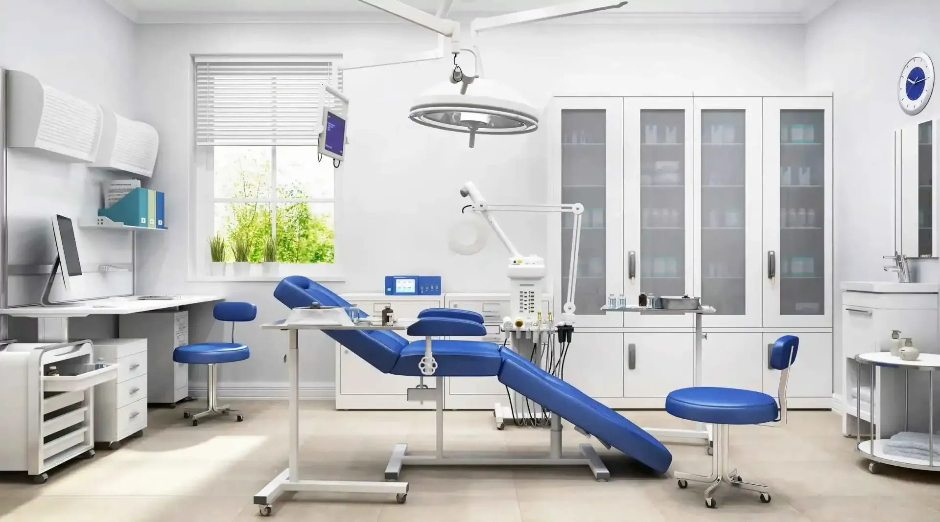 Blue and white dental clinic; dental chair, cabinets, and equipment. Bright interior, window with sunlight.