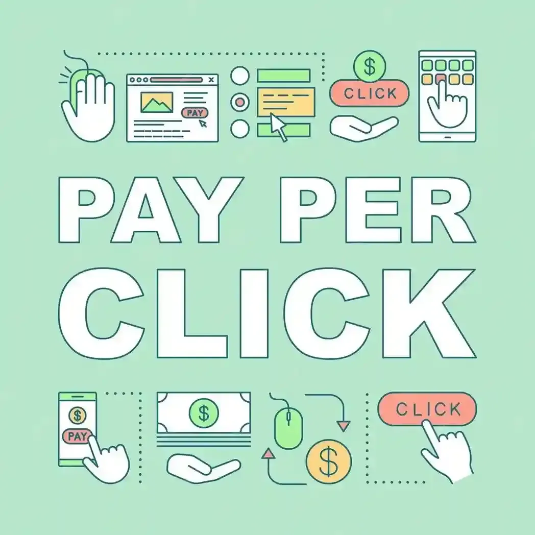 A poster that says `` pay per click '' on a green background.