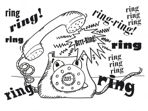 Line drawing of a ringing telephone; multiple 
