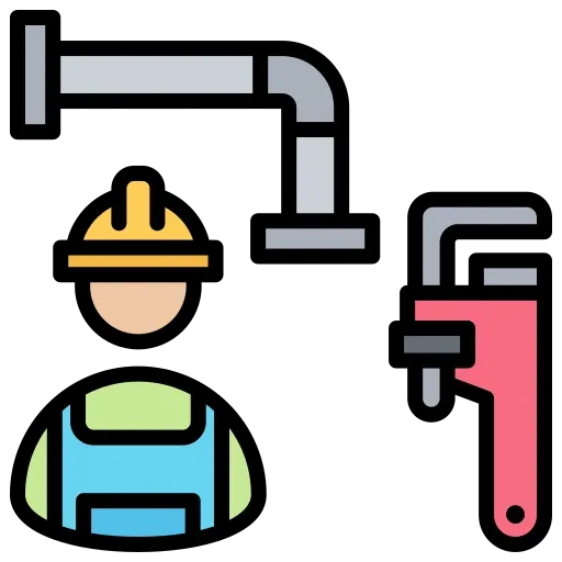 Plumber in blue overalls and yellow helmet with pipe and red wrench.