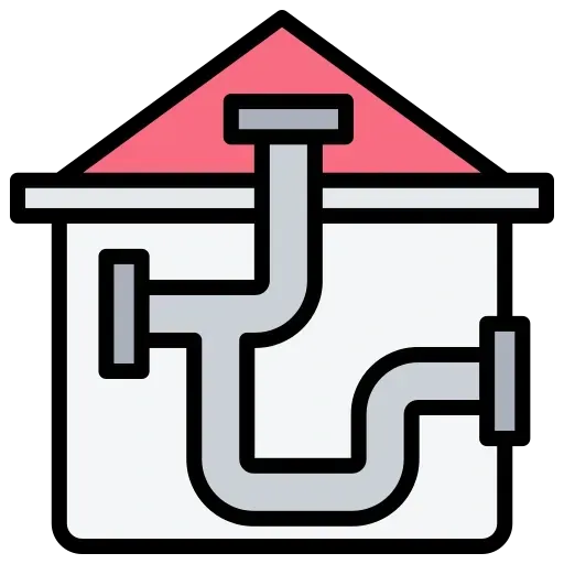Illustration of a house with plumbing pipes in gray, set against a pink roof and light blue walls.
