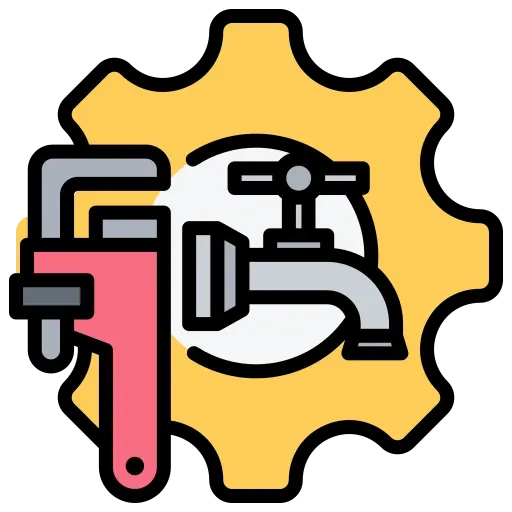 Red pipe wrench and water faucet with yellow gear.