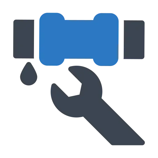 Leaking pipe with wrench, blue and dark grey illustration.