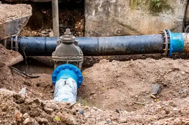 A buried water pipe with blue flange fittings and a valve in an earthen pit.