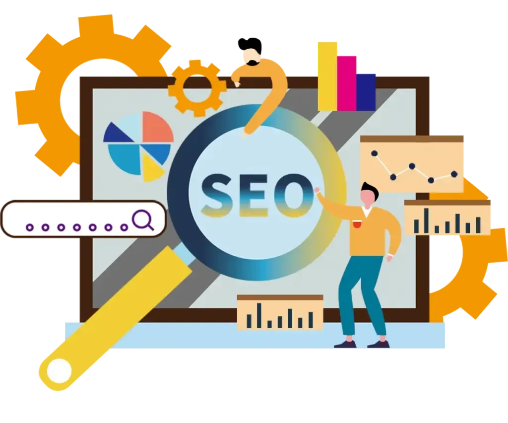 A man is standing in front of a magnifying glass with the word seo on it.