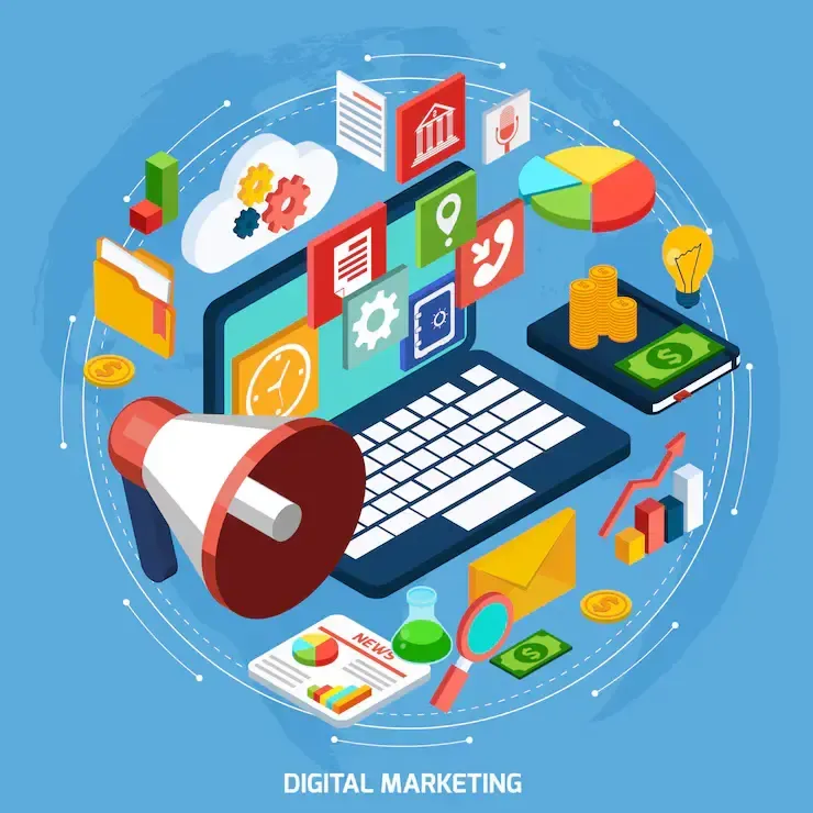 An isometric illustration of digital marketing with a laptop and a megaphone.