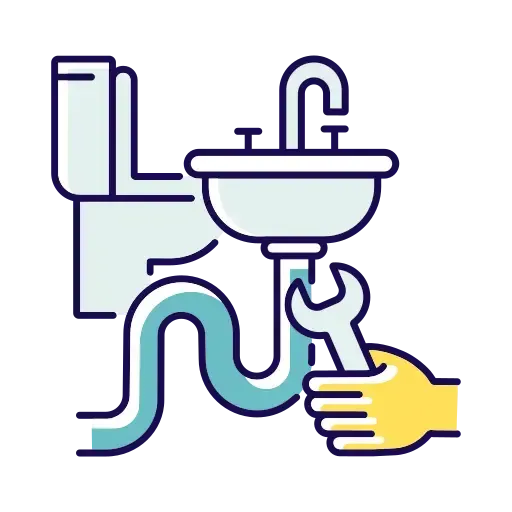 Plumbing repair illustration: a hand with a wrench fixing a sink and toilet with blue pipes.