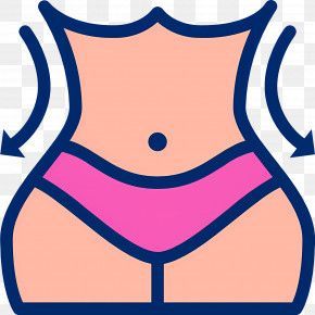 Cartoon illustration of a waist with blue arrows, suggesting a slimming effect. Pink underwear.