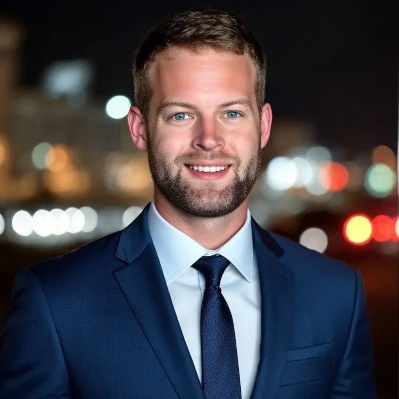 Logan Smith, IT Technician at Beyond Technology, Headshot of a smiling person wearing a navy blue suit, light blue collared shirt, and dark tie against a blurred background.