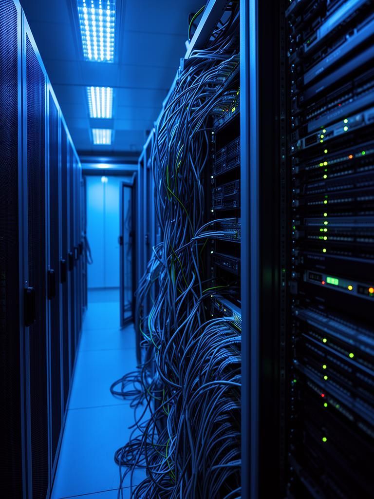 Server room in a local business in Alabama with rows of racks containing electronic equipment and numerous tangled data cables, illuminated in blue, being repaired by Beyond Technology's Managed IT Services team.