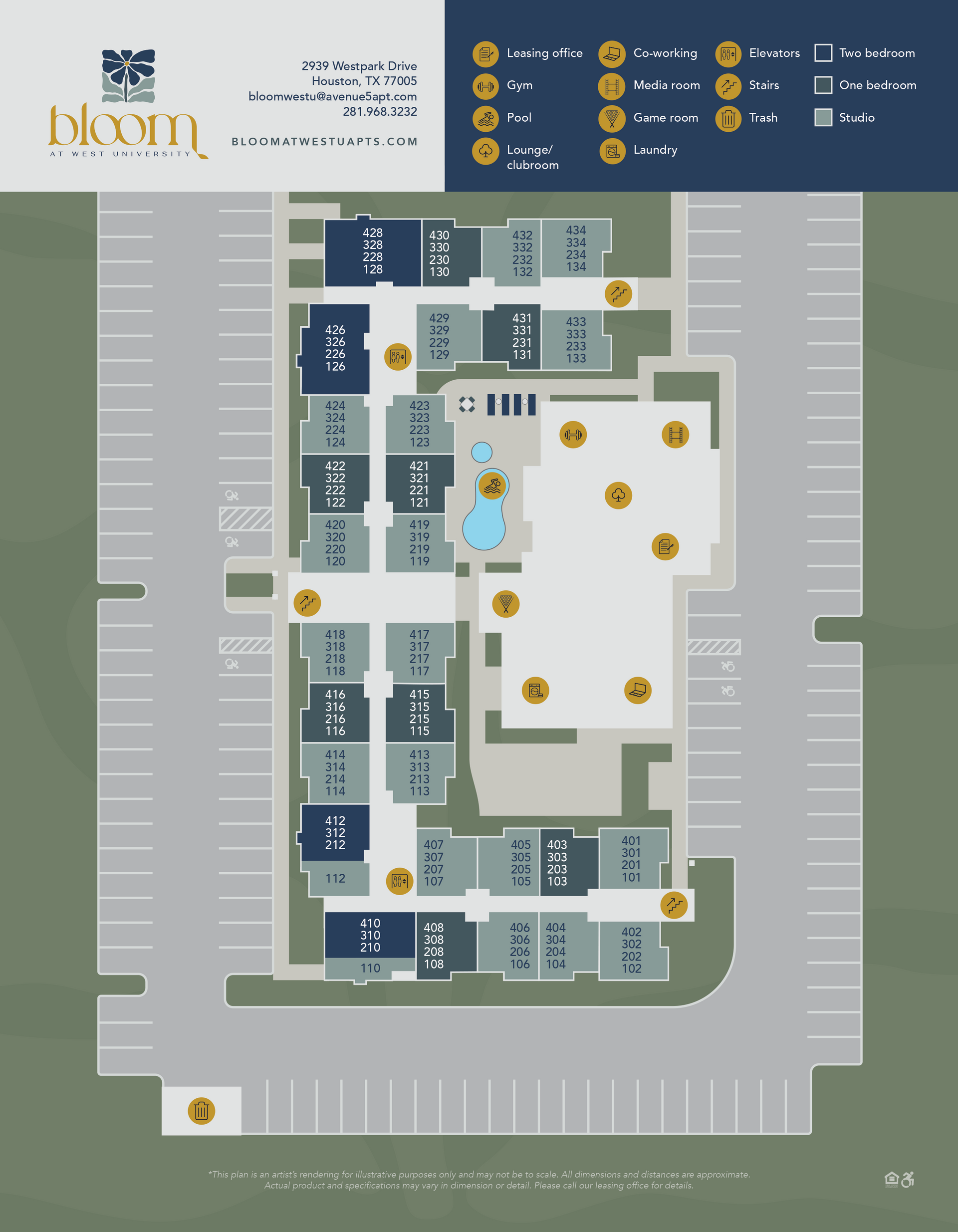 Bloom at Research Park property map showing buildings, amenities, and parking.