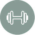 White dumbbell icon on a grey circle background.