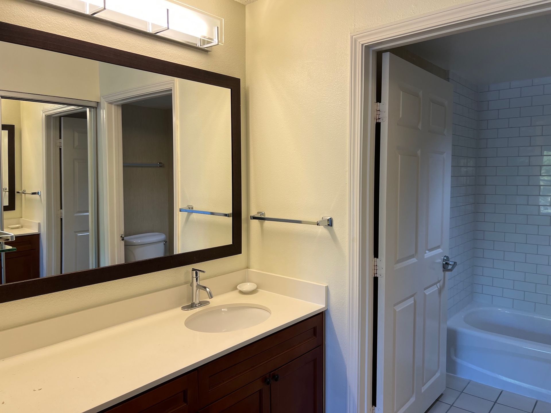 Bathroom with a vanity, mirror, and doorway to a tub/shower area.