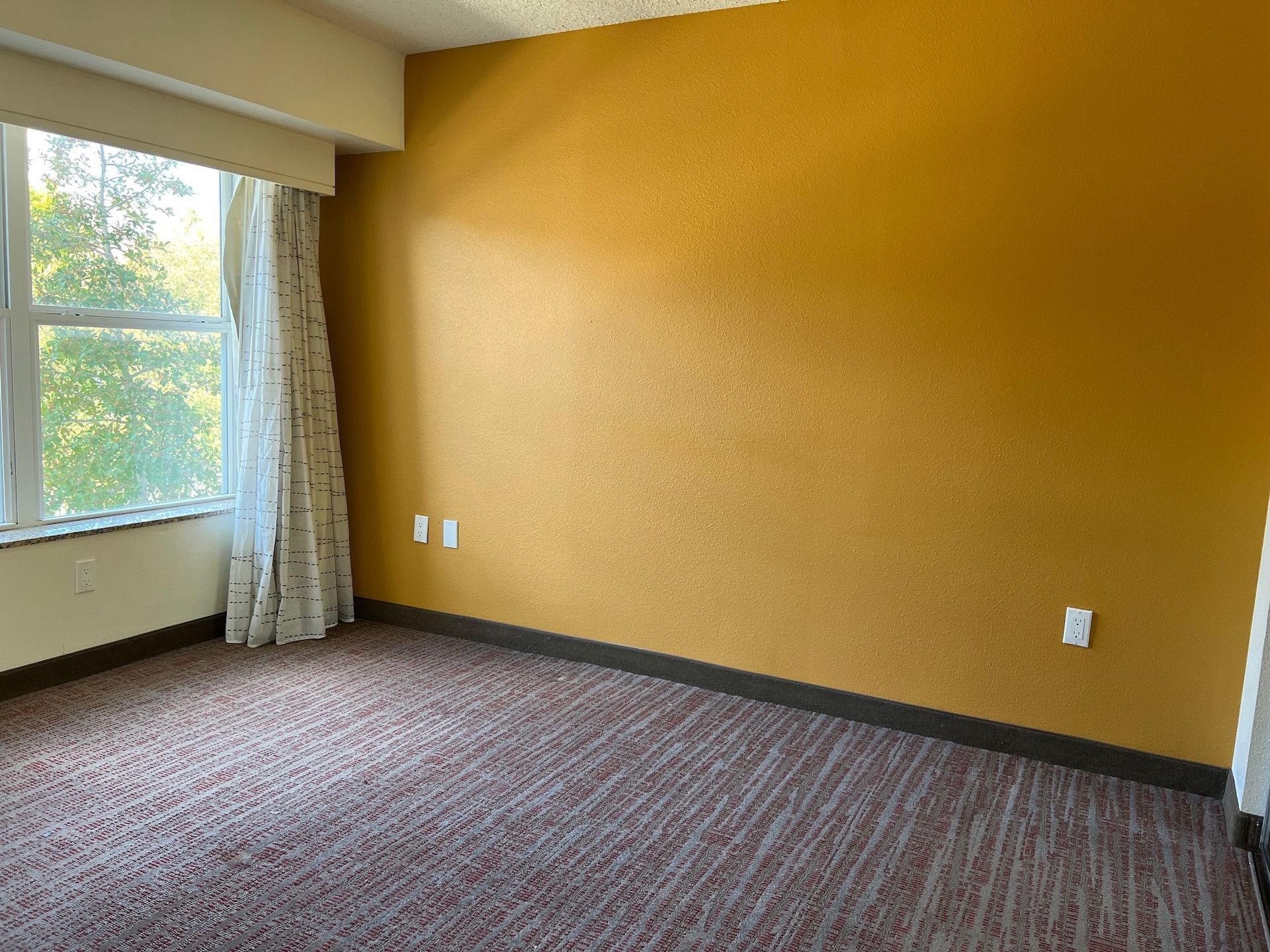 Empty hotel room with carpet and gold textured wall, window with curtain on left.