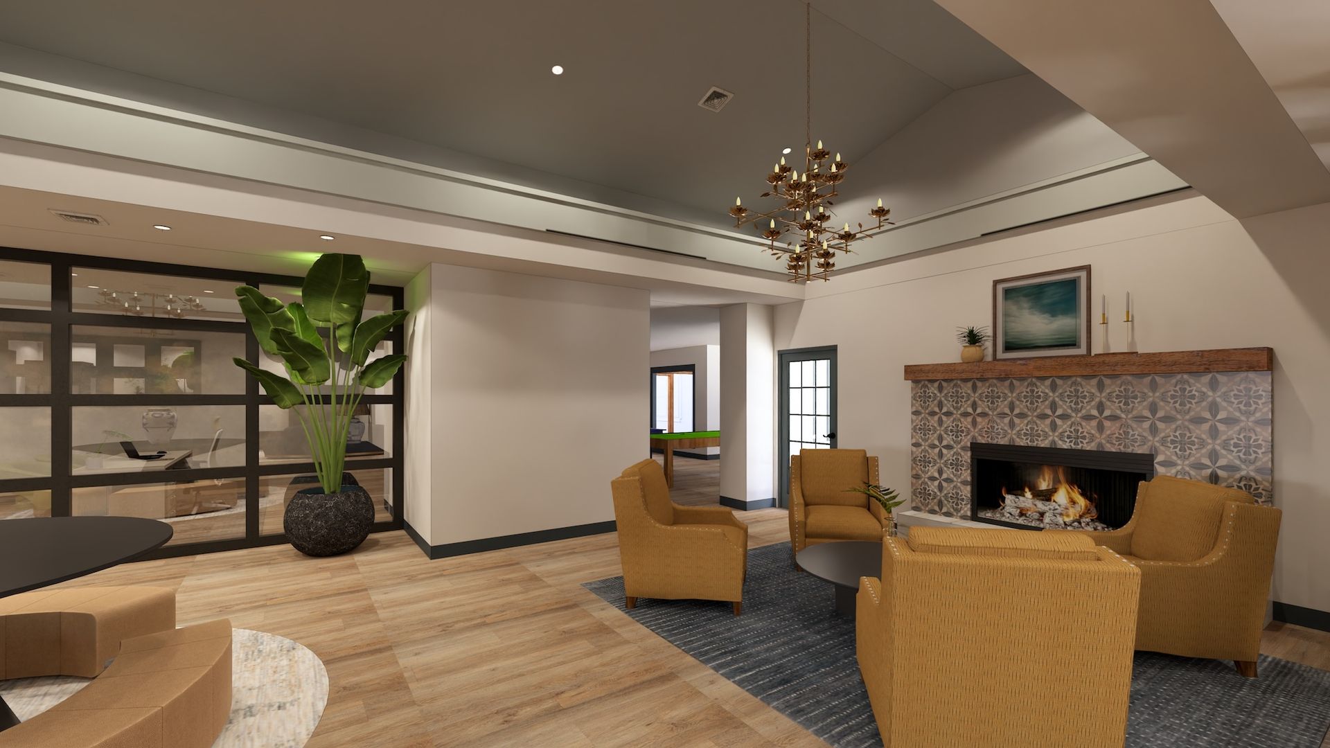 Spacious modern room with dining table, seating areas, kitchenette, large windows.