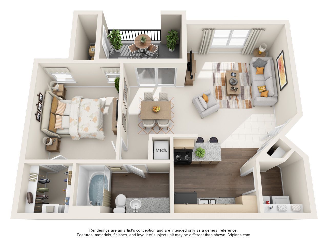 A 3d floor plan of a single bedroom apartment.