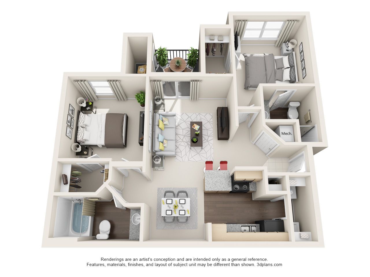 A 3d floor plan of a house with two bedrooms and a bathroom.