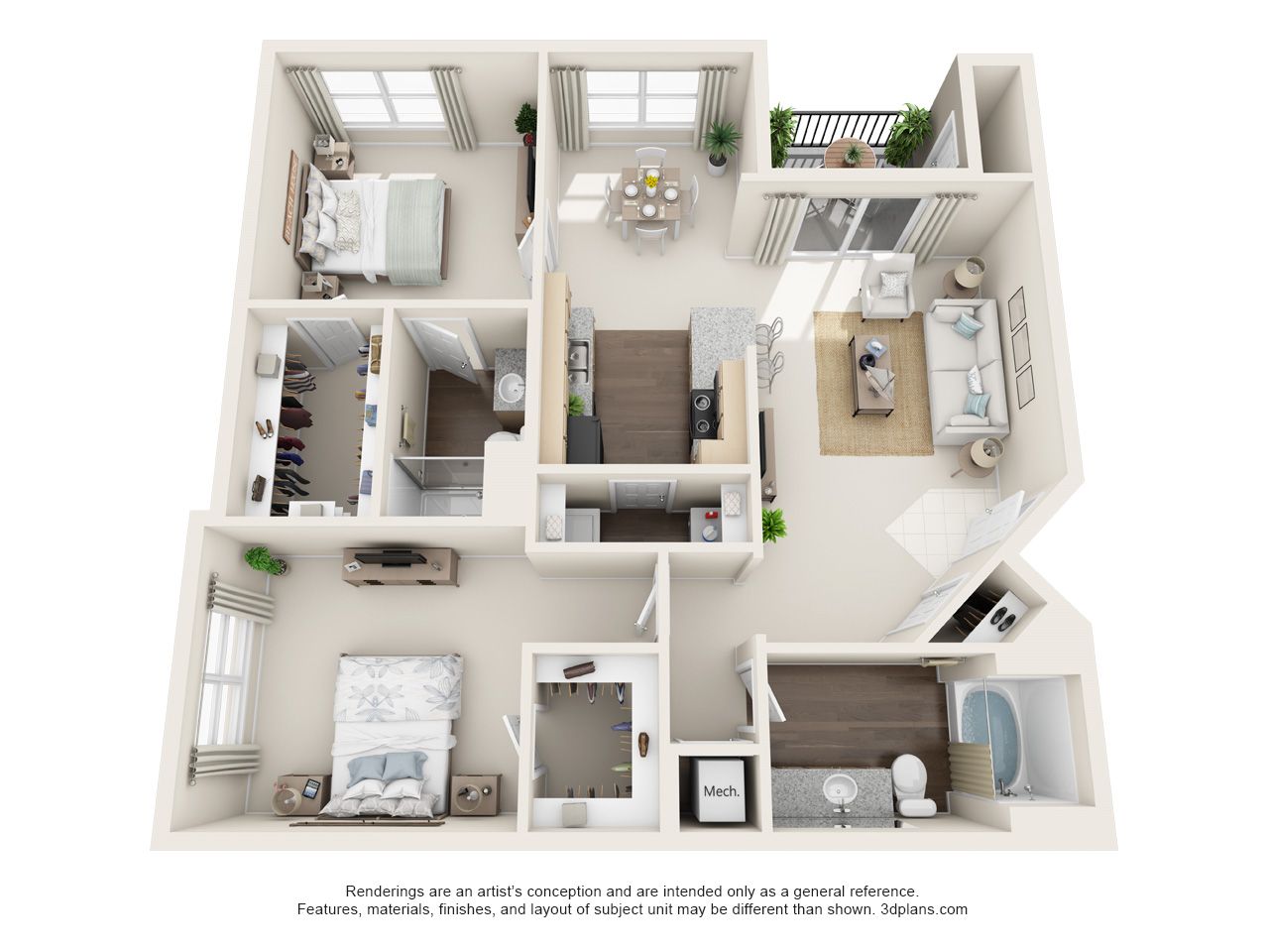 A 3d floor plan of a house with three bedrooms and a bathroom.