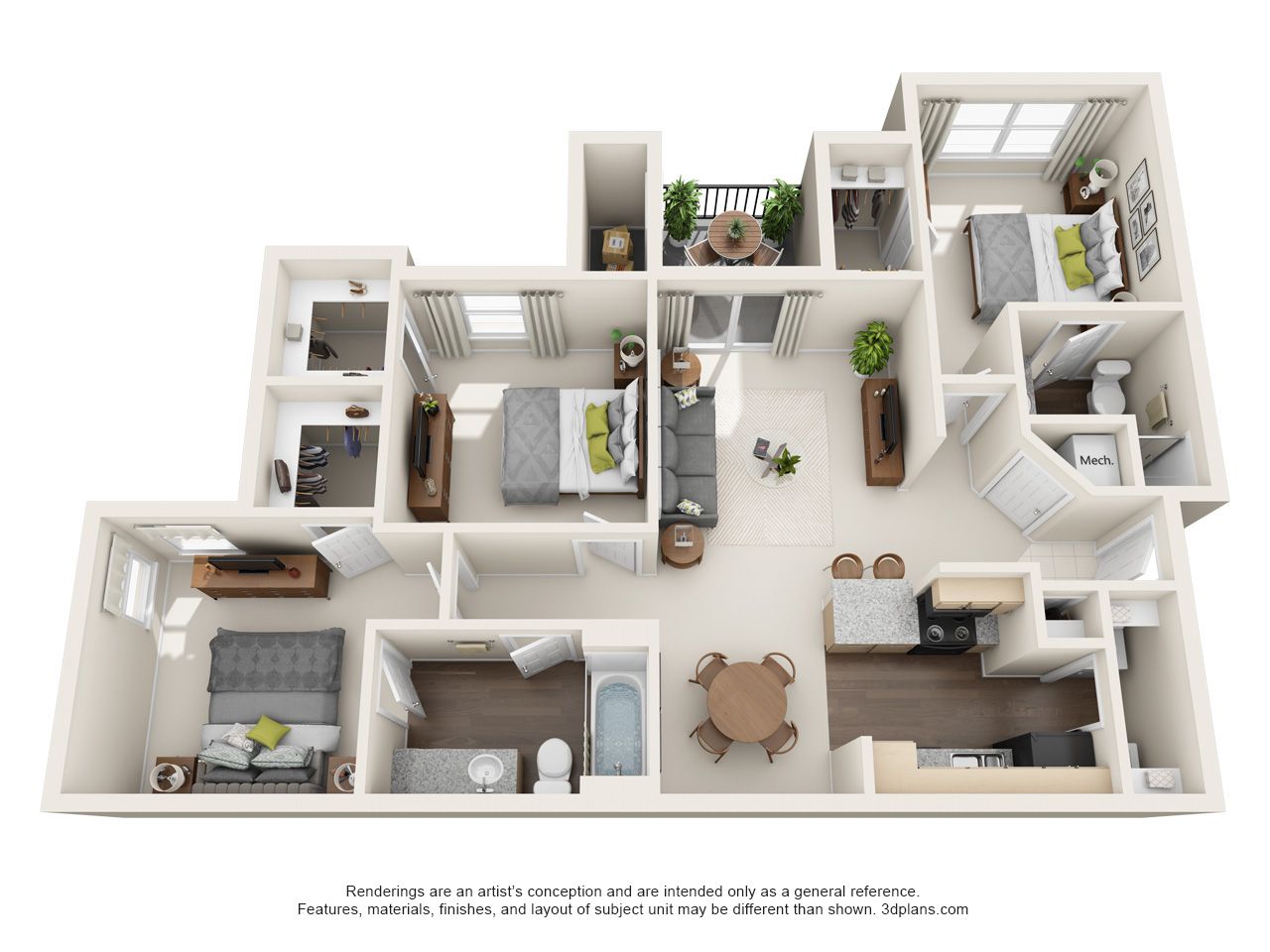 A 3d floor plan of a house with three bedrooms and a bathroom.