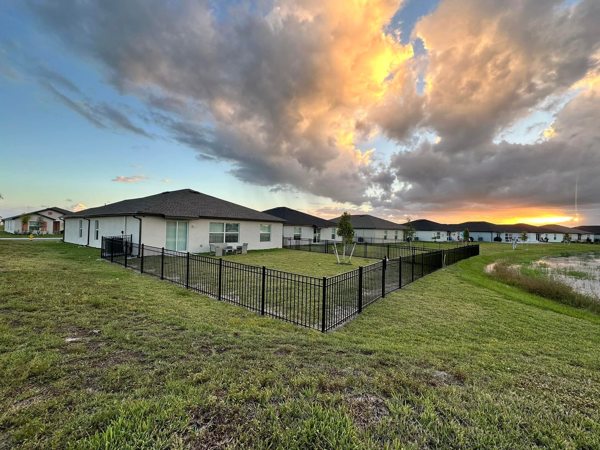 Houses with black fences and grassy yards under a sunset sky.