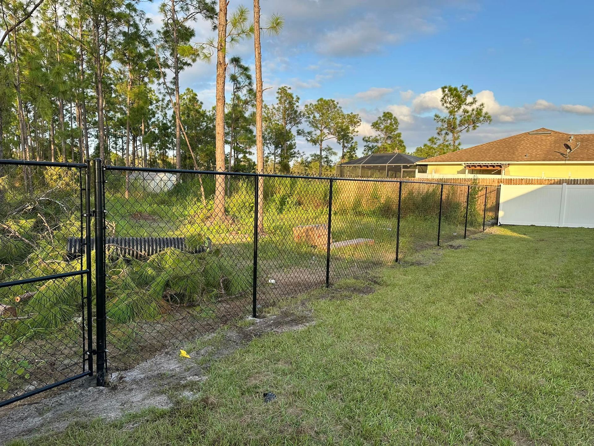 Black chain-link fence encloses grassy backyard, trees beyond, and house in the background.